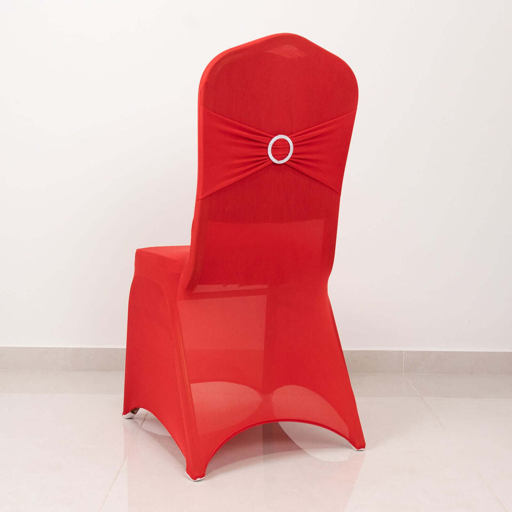 Spandex Chair Cover with Silver Rhinestone Buckled Sash Band Red - Stretch Fitted Slipcover - Bell Racket Store