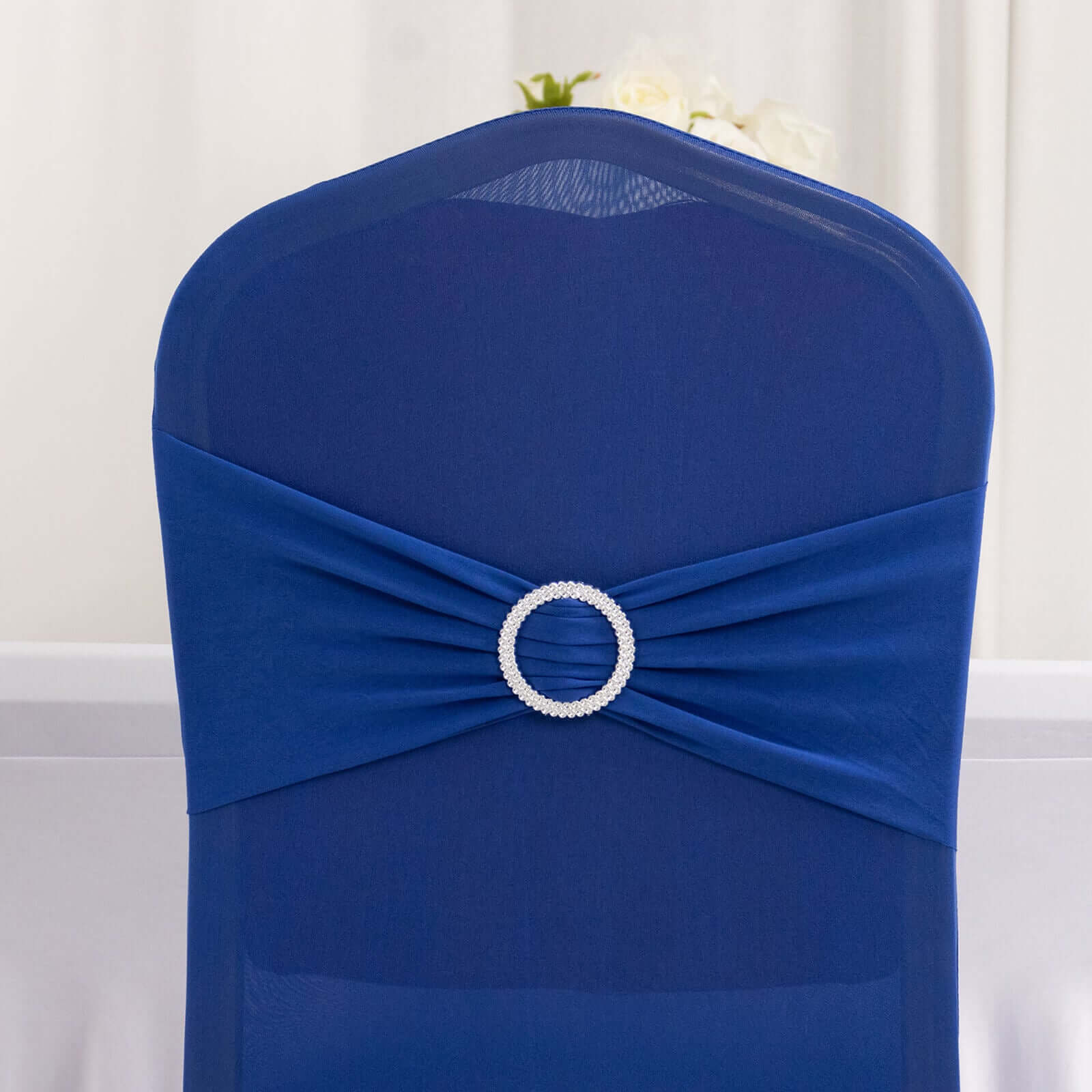 Spandex Chair Cover with Silver Rhinestone Buckled Sash Band Royal Blue - Stretch Fitted Slipcover - Bell Racket Store