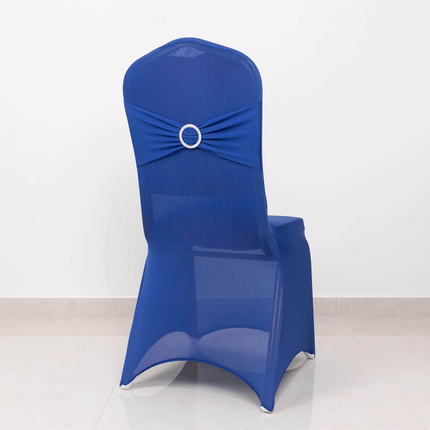 Spandex Chair Cover with Silver Rhinestone Buckled Sash Band Royal Blue - Stretch Fitted Slipcover - Bell Racket Store