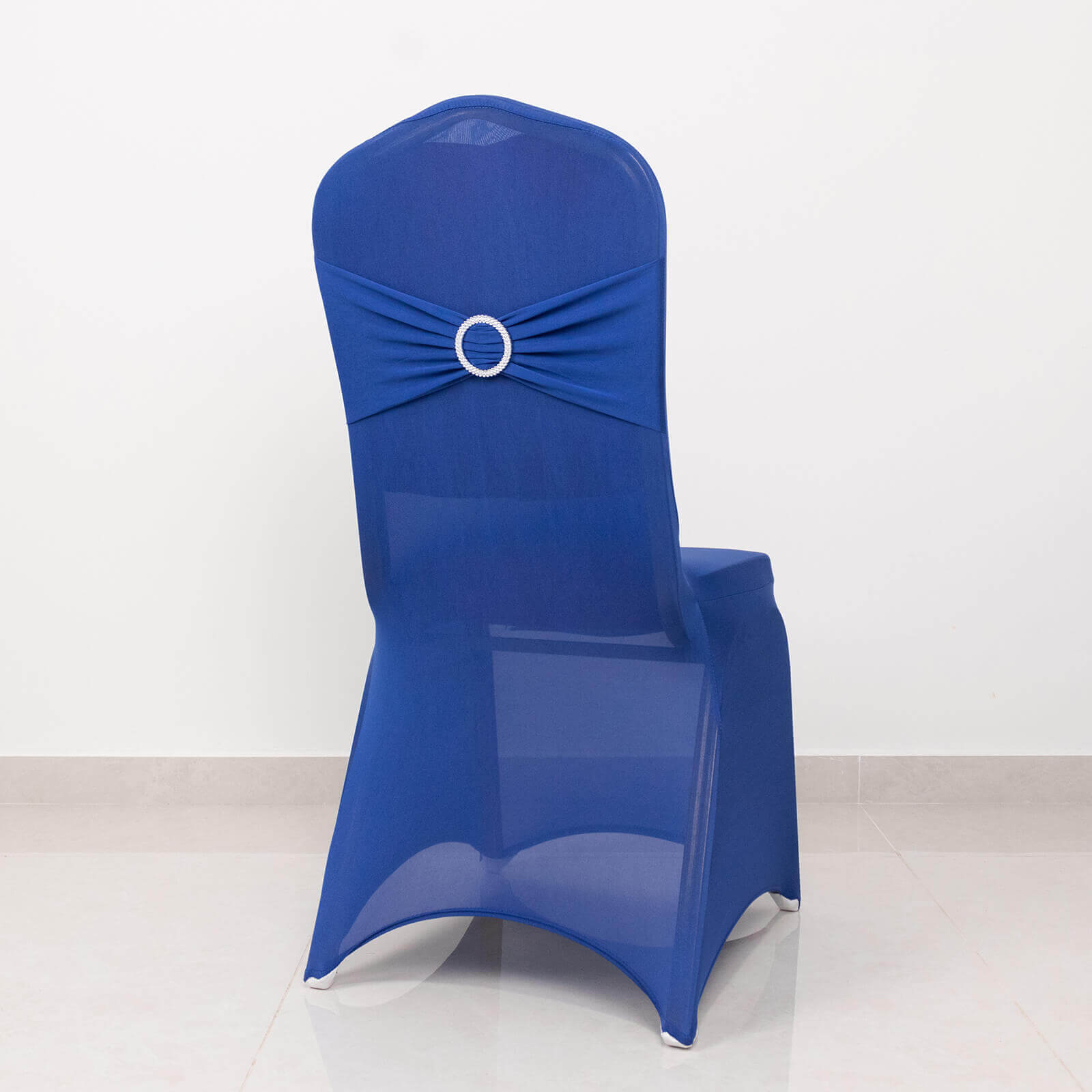 Spandex Chair Cover with Silver Rhinestone Buckled Sash Band Royal Blue - Stretch Fitted Slipcover - Bell Racket Store