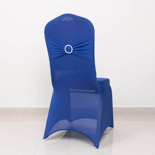 Spandex Chair Cover with Silver Rhinestone Buckled Sash Band Royal Blue - Stretch Fitted Slipcover - Bell Racket Store
