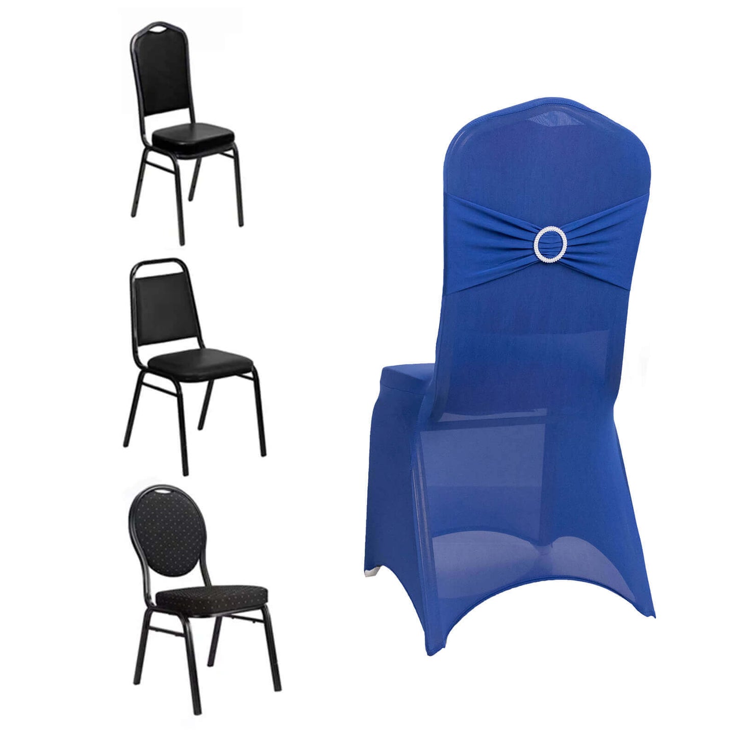 Spandex Chair Cover with Silver Rhinestone Buckled Sash Band Royal Blue - Stretch Fitted Slipcover - Bell Racket Store