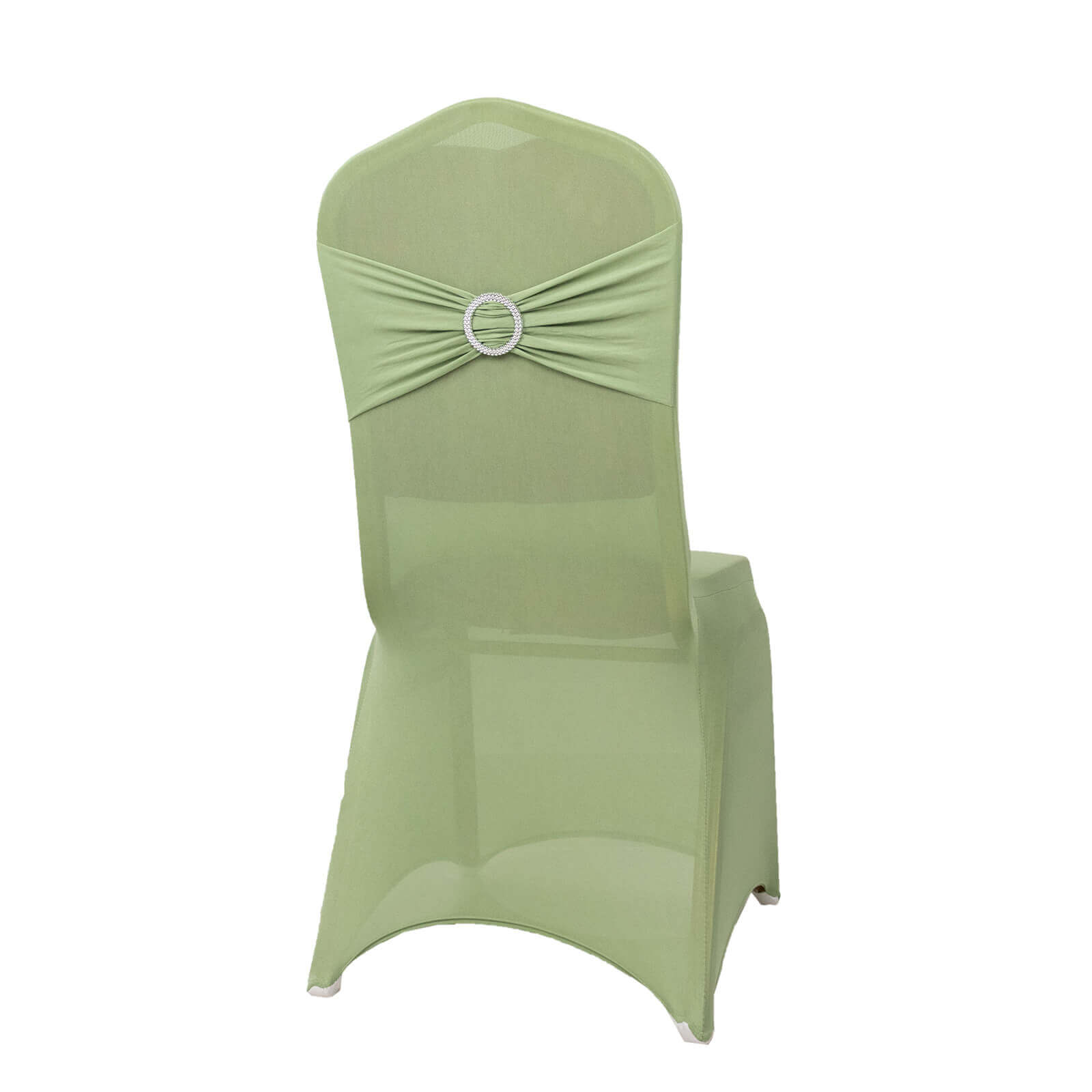 Spandex Chair Cover with Silver Rhinestone Buckled Sash Band Sage Green - Stretch Fitted Slipcover - Bell Racket Store