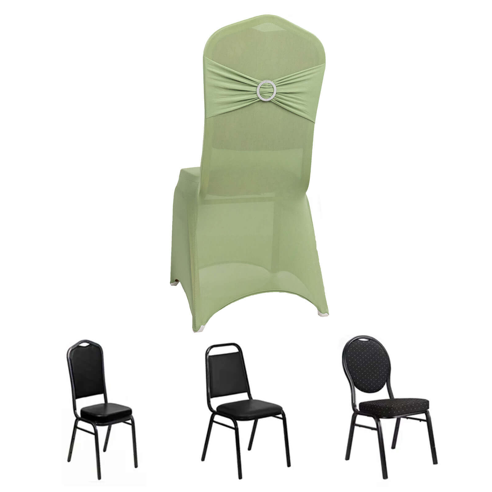 Spandex Chair Cover with Silver Rhinestone Buckled Sash Band Sage Green - Stretch Fitted Slipcover - Bell Racket Store