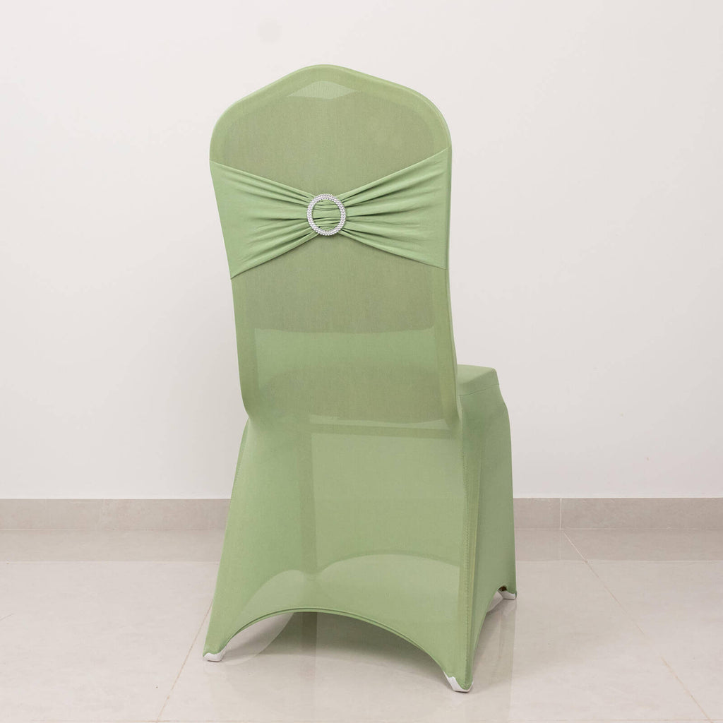 Spandex Chair Cover with Silver Rhinestone Buckled Sash Band Sage Green - Stretch Fitted Slipcover - Bell Racket Store
