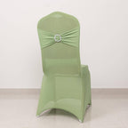 Spandex Chair Cover with Silver Rhinestone Buckled Sash Band Sage Green - Stretch Fitted Slipcover - Bell Racket Store