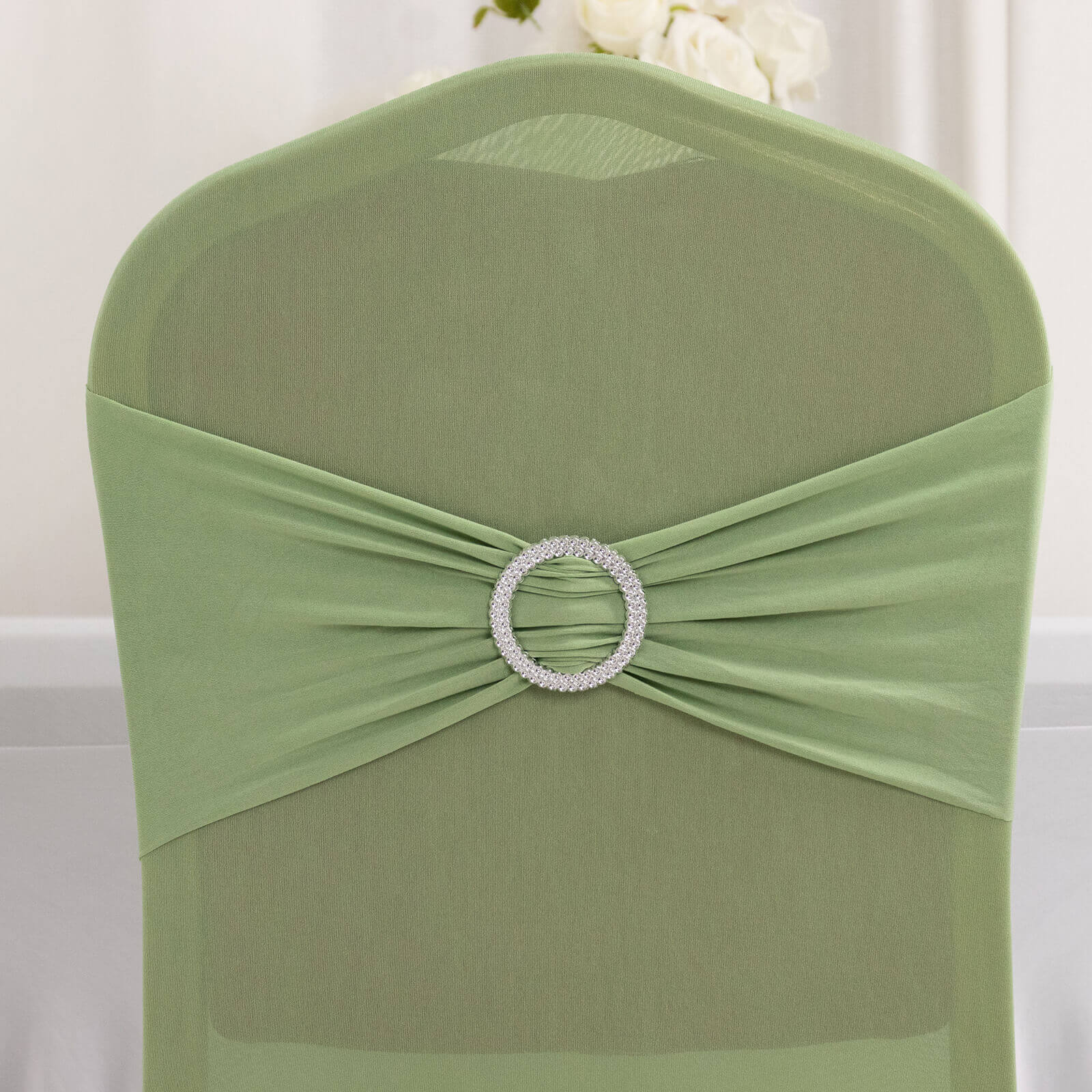 Spandex Chair Cover with Silver Rhinestone Buckled Sash Band Sage Green - Stretch Fitted Slipcover - Bell Racket Store