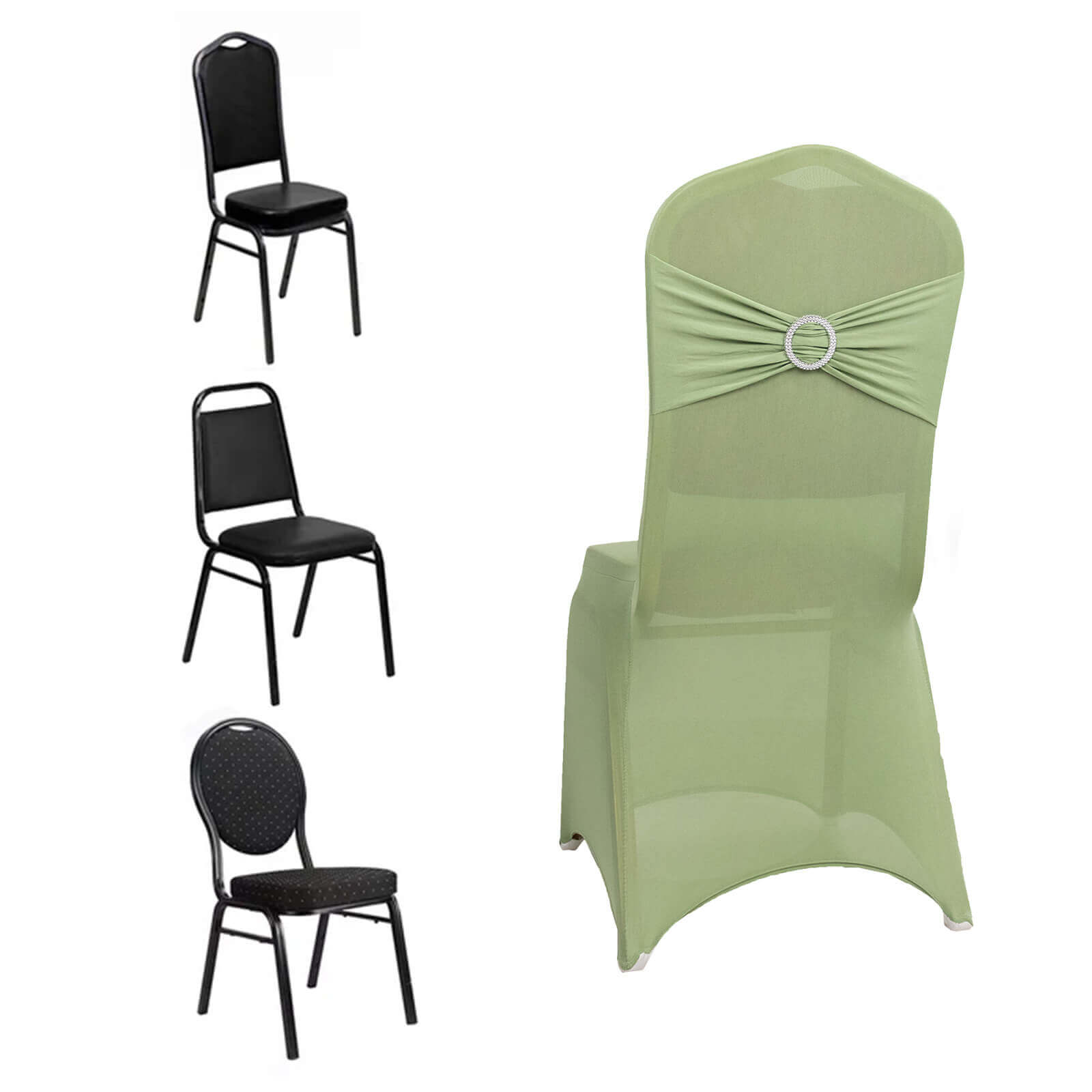 Spandex Chair Cover with Silver Rhinestone Buckled Sash Band Sage Green - Stretch Fitted Slipcover - Bell Racket Store
