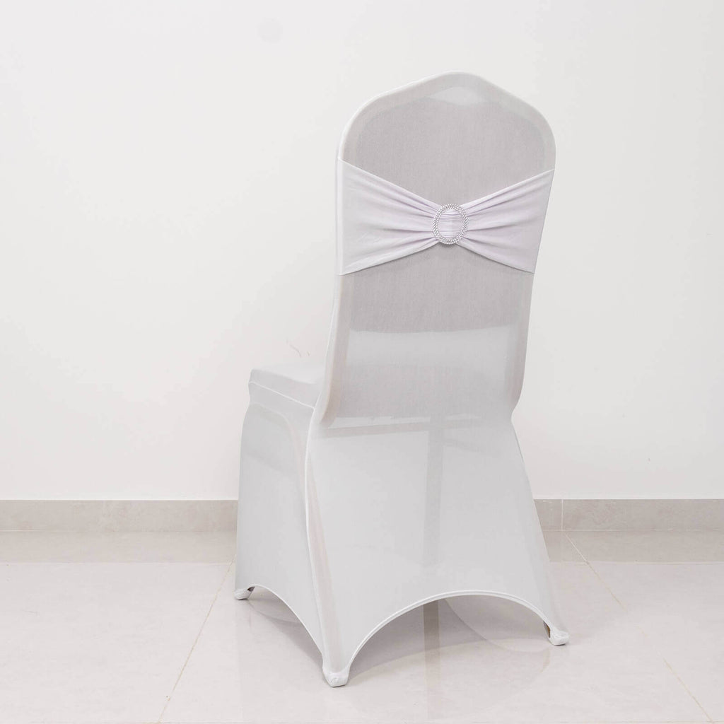 Spandex Chair Cover with Silver Rhinestone Buckled Sash Band White - Stylish Stretch Fitted Slipcover for Banquets & Events - Bell Racket Store