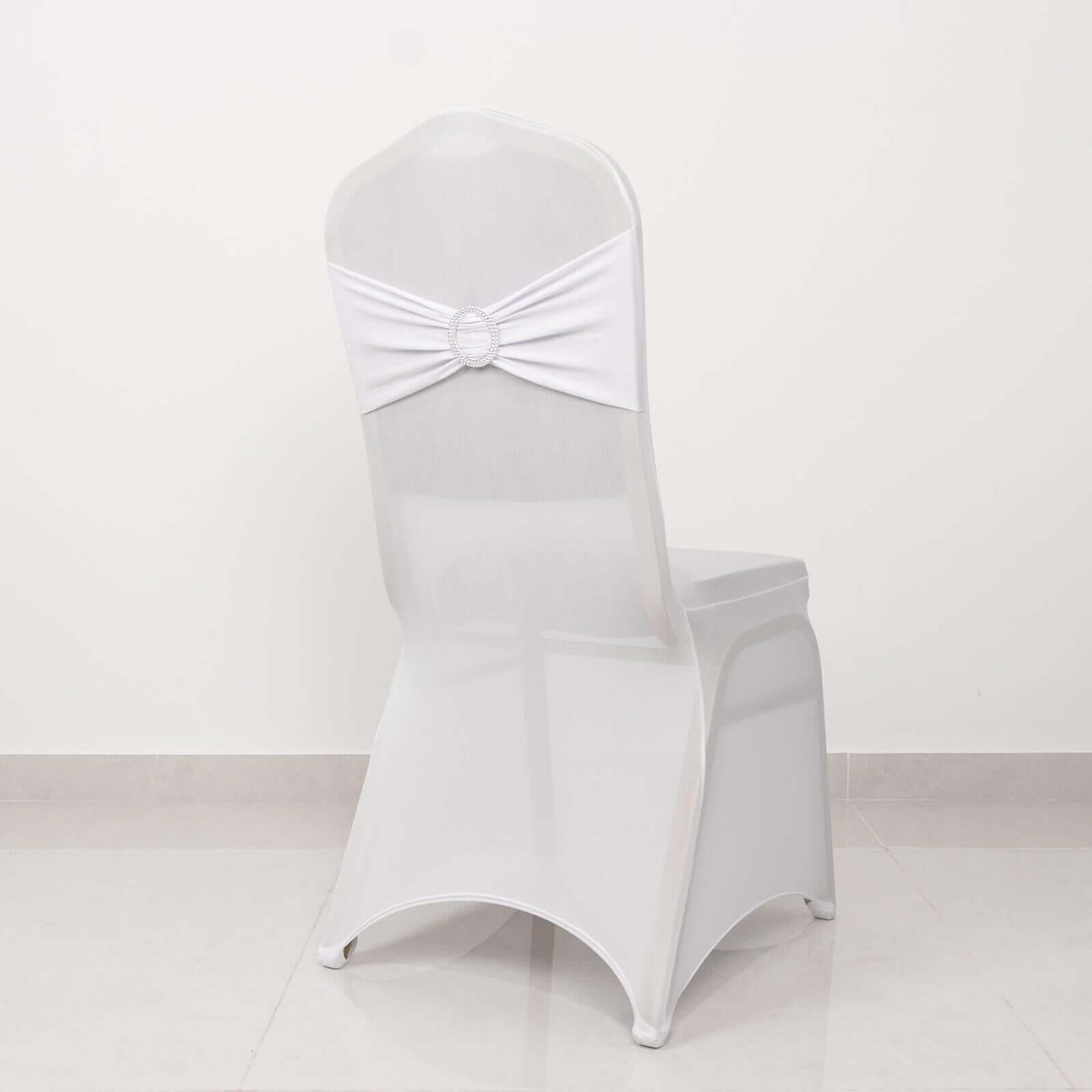 Spandex Chair Cover with Silver Rhinestone Buckled Sash Band White - Stylish Stretch Fitted Slipcover for Banquets & Events - Bell Racket Store