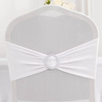 Spandex Chair Cover with Silver Rhinestone Buckled Sash Band White - Stylish Stretch Fitted Slipcover for Banquets & Events - Bell Racket Store