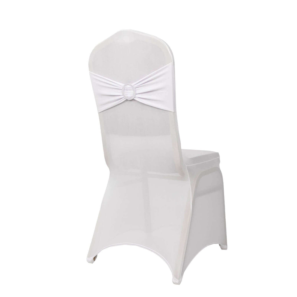 Spandex Chair Cover with Silver Rhinestone Buckled Sash Band White - Stylish Stretch Fitted Slipcover for Banquets & Events - Bell Racket Store