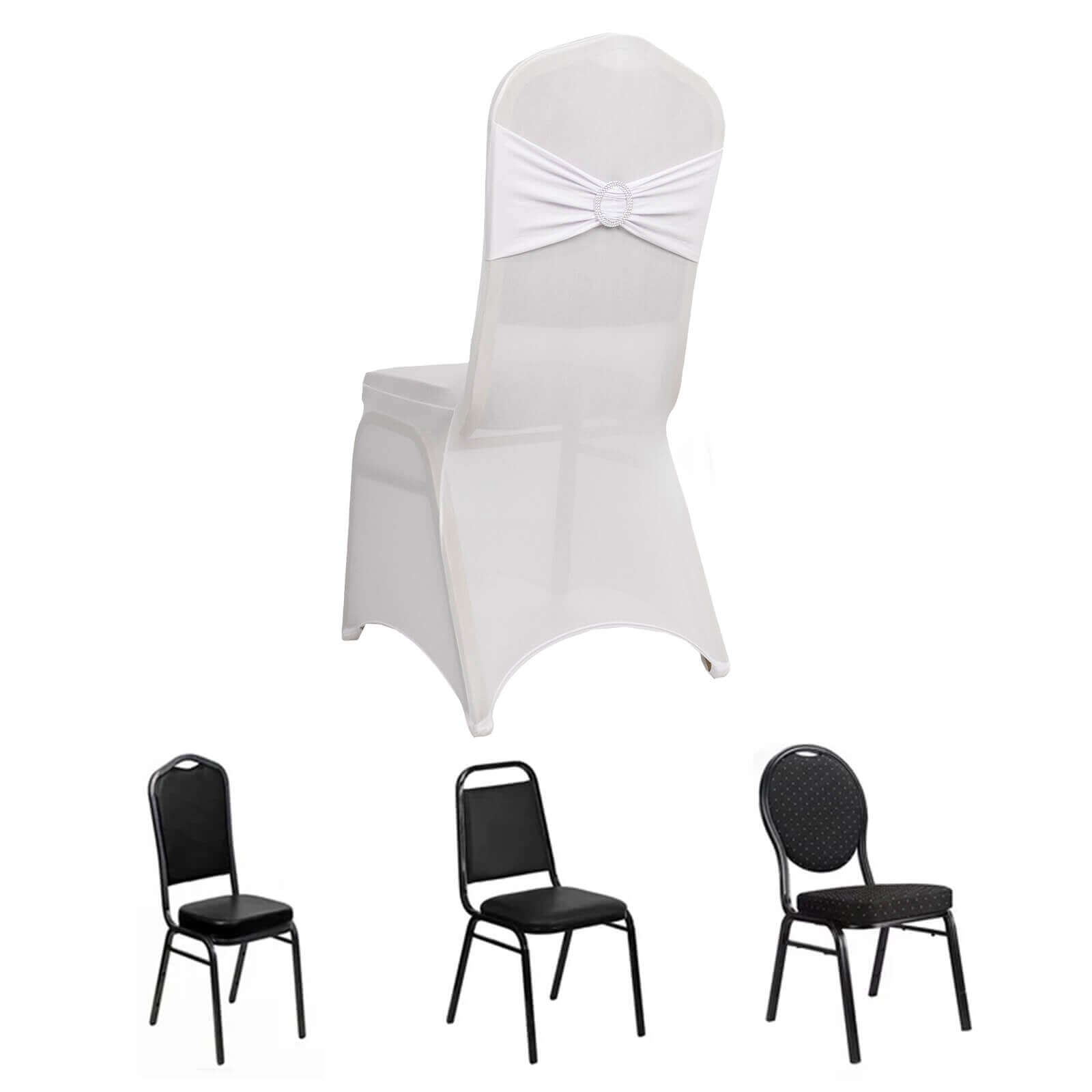 Spandex Chair Cover with Silver Rhinestone Buckled Sash Band White - Stylish Stretch Fitted Slipcover for Banquets & Events - Bell Racket Store