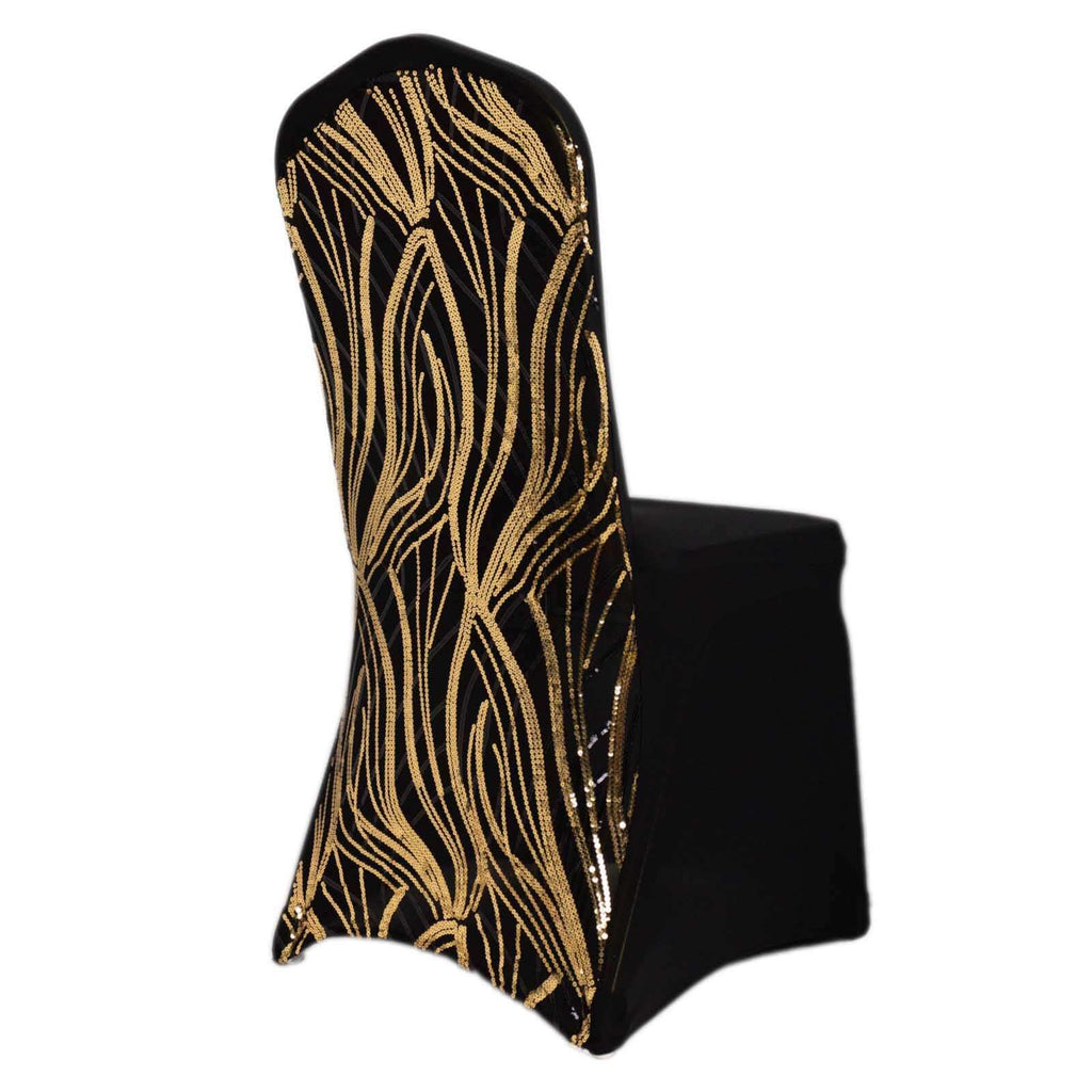Spandex Chair Cover with Wave Embroidered Sequins for Banquet Chairs Black/Gold - Glittering Stretch Fitted Slipcover - Bell Racket Store