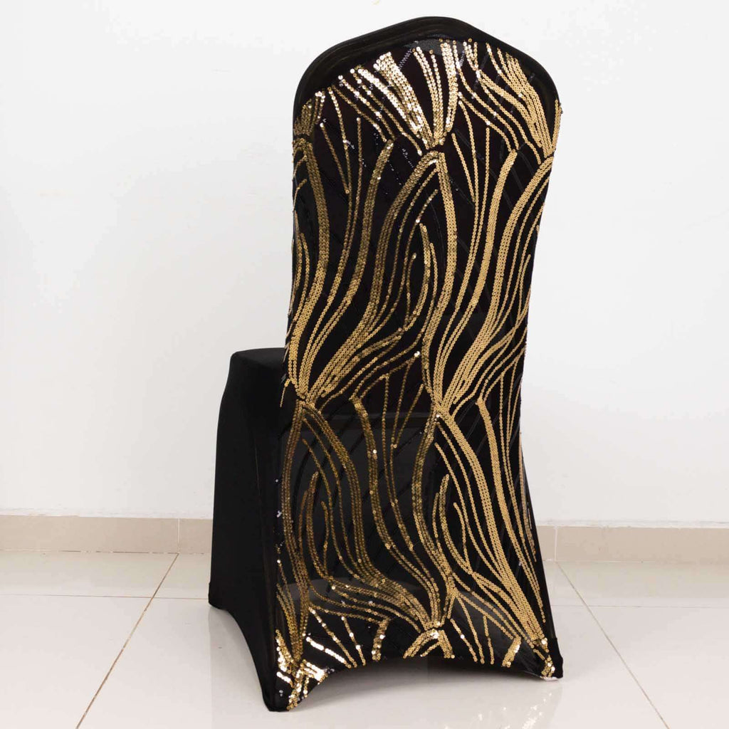 Spandex Chair Cover with Wave Embroidered Sequins for Banquet Chairs Black/Gold - Glittering Stretch Fitted Slipcover - Bell Racket Store