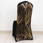 Spandex Chair Cover with Wave Embroidered Sequins for Banquet Chairs Black/Gold - Glittering Stretch Fitted Slipcover - Bell Racket Store