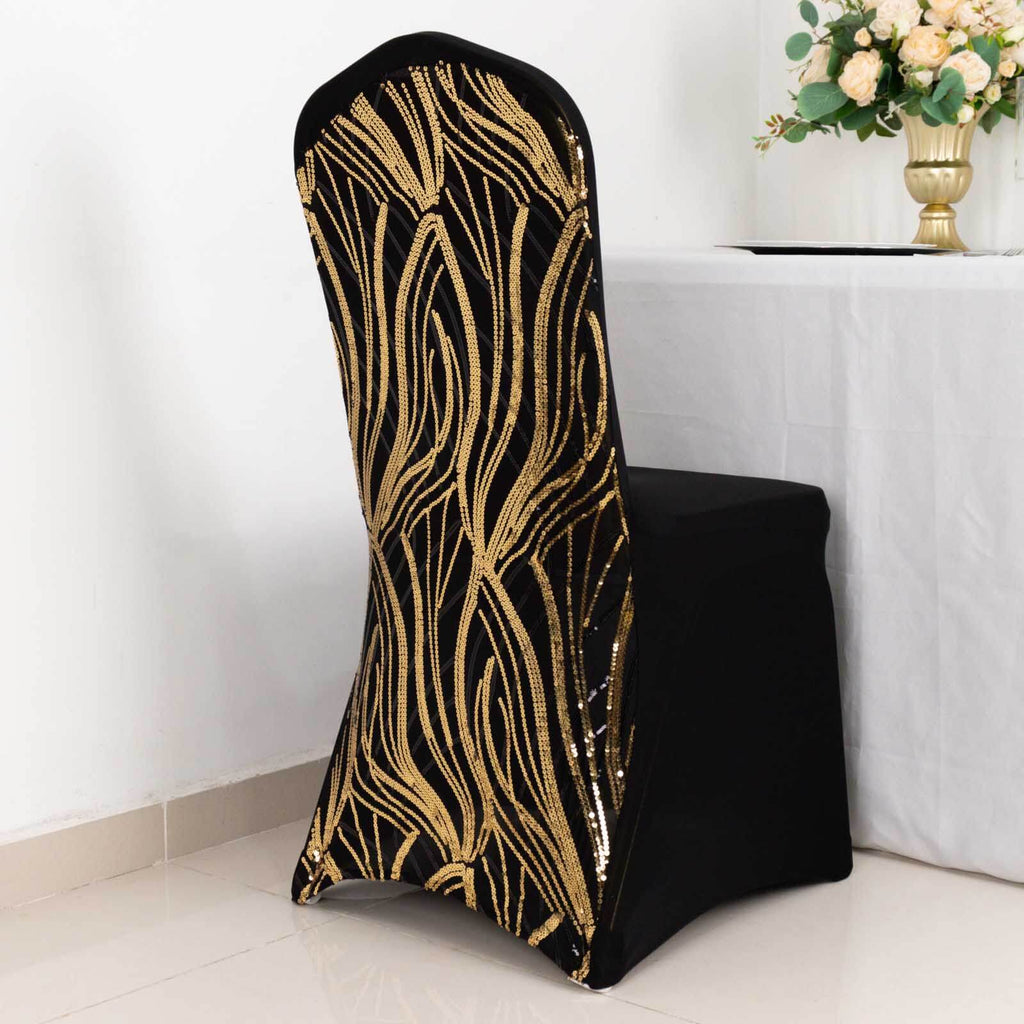 Spandex Chair Cover with Wave Embroidered Sequins for Banquet Chairs Black/Gold - Glittering Stretch Fitted Slipcover - Bell Racket Store
