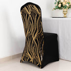 Spandex Chair Cover with Wave Embroidered Sequins for Banquet Chairs Black/Gold - Glittering Stretch Fitted Slipcover - Bell Racket Store