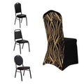 Spandex Chair Cover with Wave Embroidered Sequins for Banquet Chairs Black/Gold - Glittering Stretch Fitted Slipcover - Bell Racket Store
