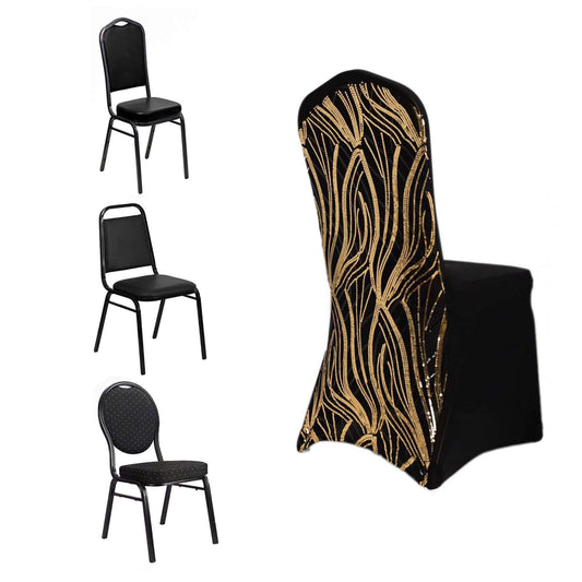 Spandex Chair Cover with Wave Embroidered Sequins for Banquet Chairs Black/Gold - Glittering Stretch Fitted Slipcover - Bell Racket Store