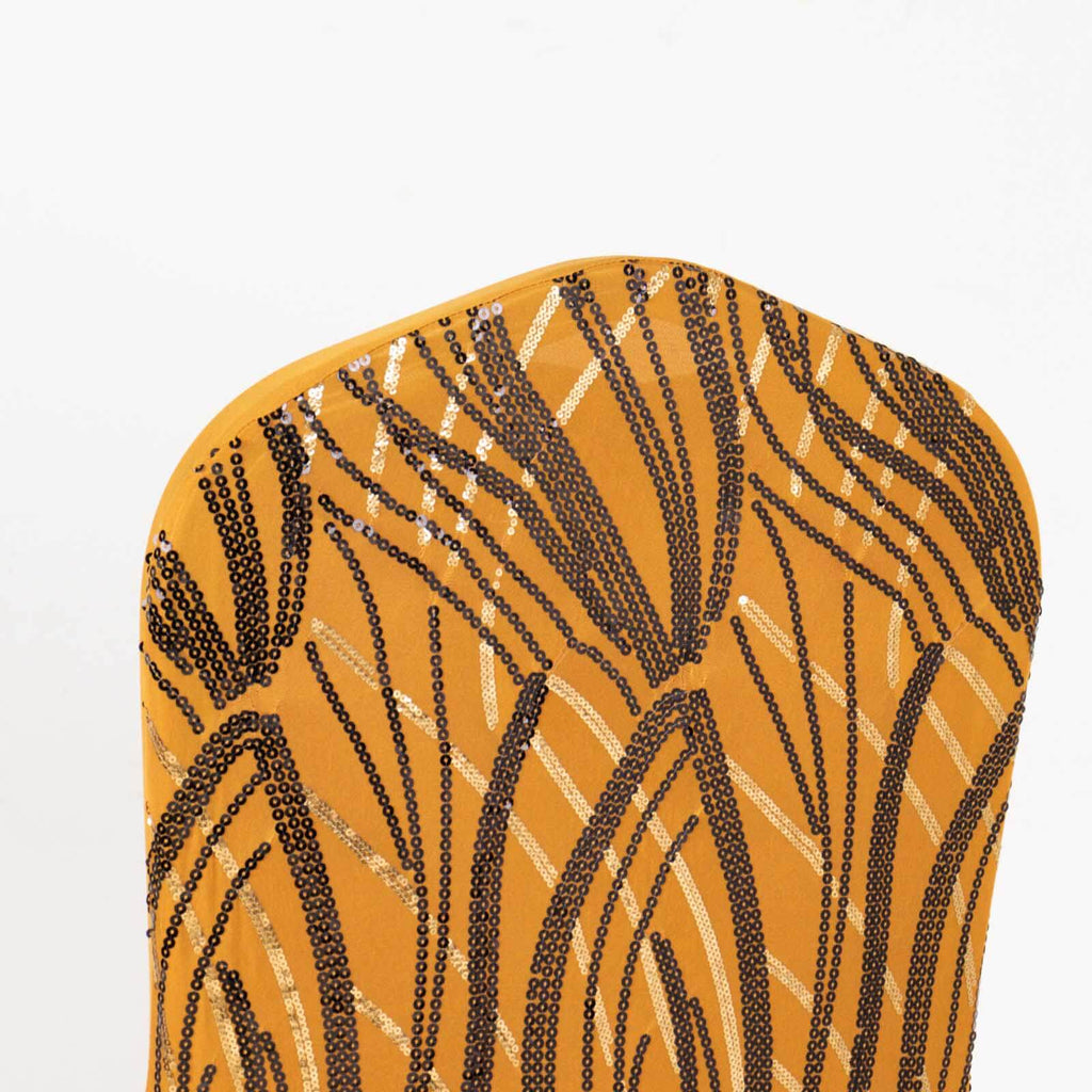 Spandex Chair Cover with Wave Embroidered Sequins for Banquet Chairs Gold/Black - Glittering Stretch Fitted Slipcover - Bell Racket Store
