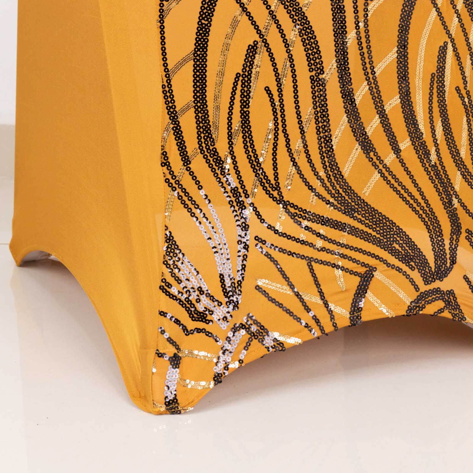 Spandex Chair Cover with Wave Embroidered Sequins for Banquet Chairs Gold/Black - Glittering Stretch Fitted Slipcover - Bell Racket Store