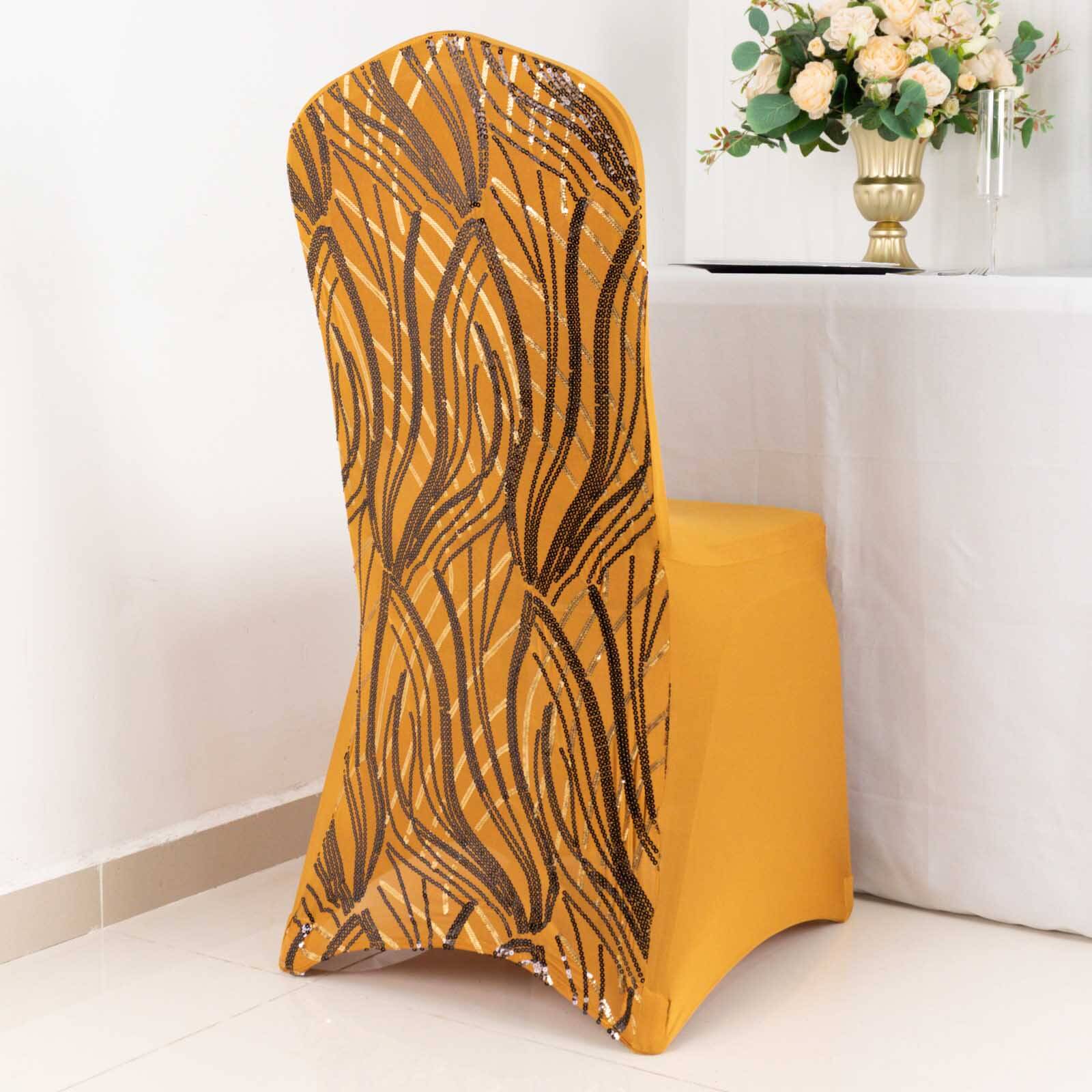 Spandex Chair Cover with Wave Embroidered Sequins for Banquet Chairs Gold/Black - Glittering Stretch Fitted Slipcover - Bell Racket Store