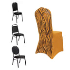 Spandex Chair Cover with Wave Embroidered Sequins for Banquet Chairs Gold/Black - Glittering Stretch Fitted Slipcover - Bell Racket Store
