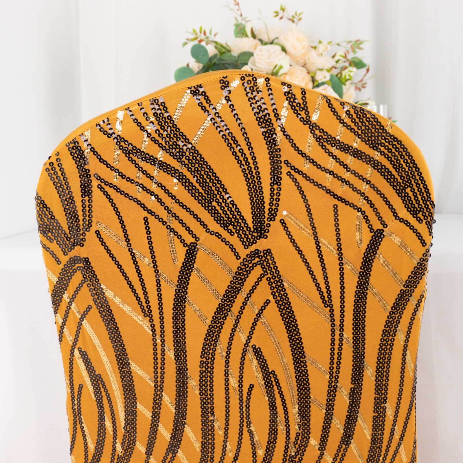 Spandex Chair Cover with Wave Embroidered Sequins for Banquet Chairs Gold/Black - Glittering Stretch Fitted Slipcover - Bell Racket Store