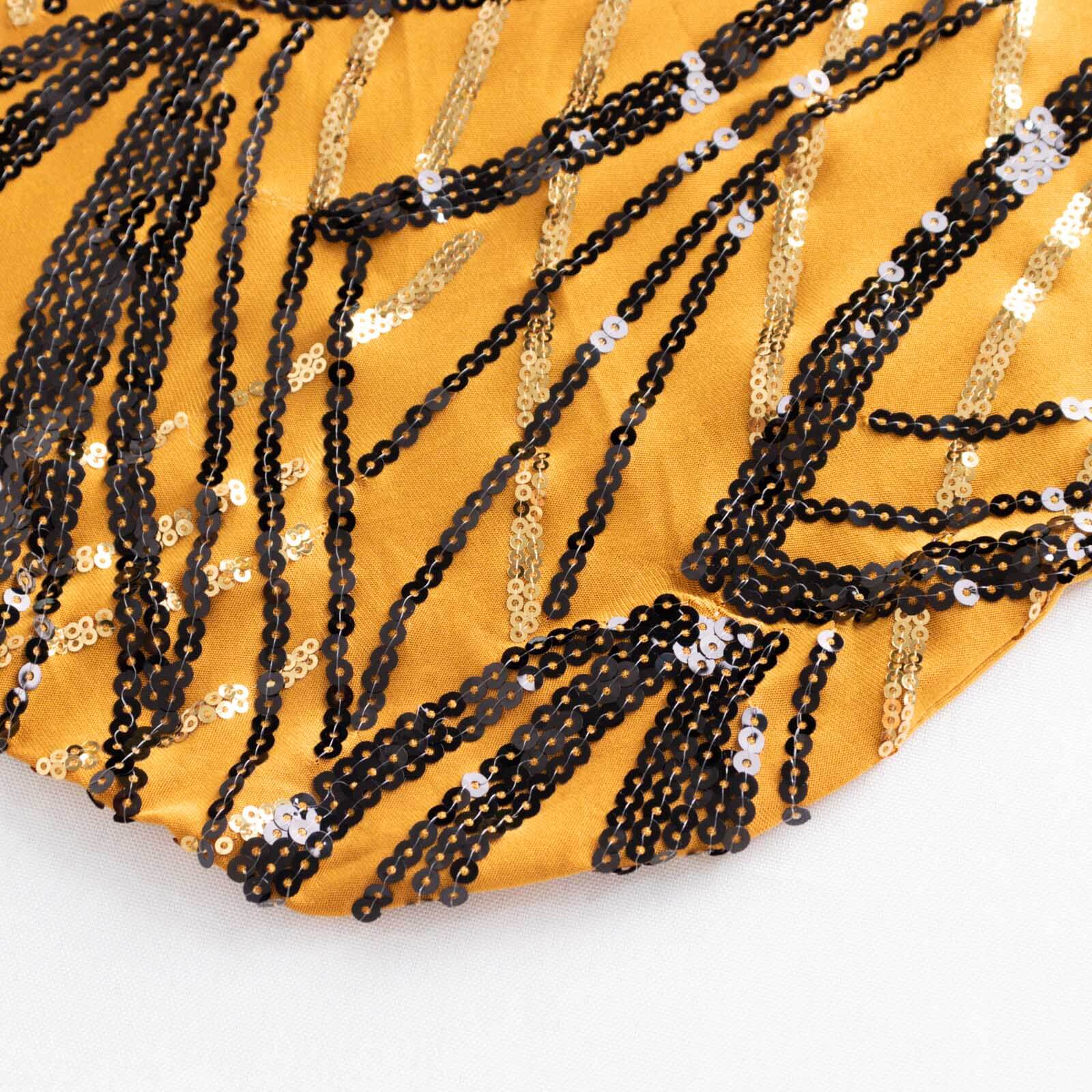 Spandex Chair Cover with Wave Embroidered Sequins for Banquet Chairs Gold/Black - Glittering Stretch Fitted Slipcover - Bell Racket Store