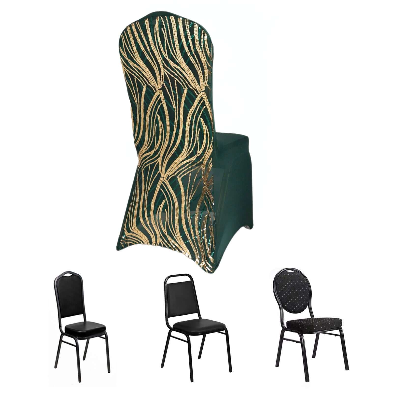 Spandex Chair Cover with Wave Embroidered Sequins for Banquet Chairs Hunter Emerald Green/Gold - Glittering Stretch Fitted Slipcover - Bell Racket Store