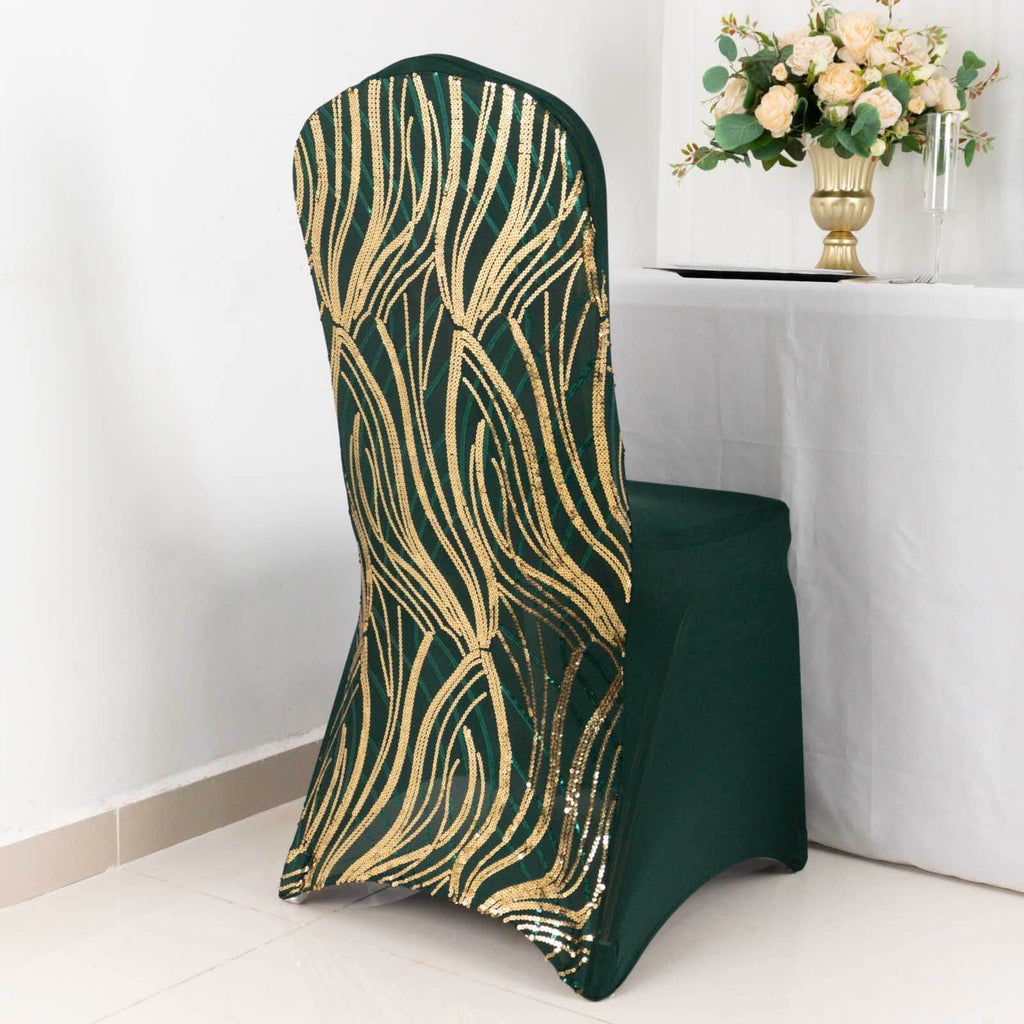 Spandex Chair Cover with Wave Embroidered Sequins for Banquet Chairs Hunter Emerald Green/Gold - Glittering Stretch Fitted Slipcover - Bell Racket Store