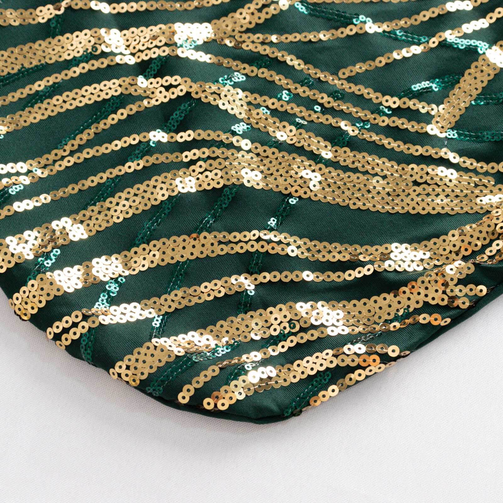 Spandex Chair Cover with Wave Embroidered Sequins for Banquet Chairs Hunter Emerald Green/Gold - Glittering Stretch Fitted Slipcover - Bell Racket Store