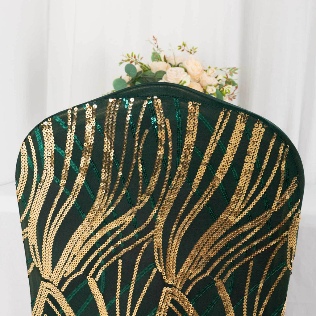 Spandex Chair Cover with Wave Embroidered Sequins for Banquet Chairs Hunter Emerald Green/Gold - Glittering Stretch Fitted Slipcover - Bell Racket Store