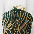 Spandex Chair Cover with Wave Embroidered Sequins for Banquet Chairs Hunter Emerald Green/Gold - Glittering Stretch Fitted Slipcover - Bell Racket Store