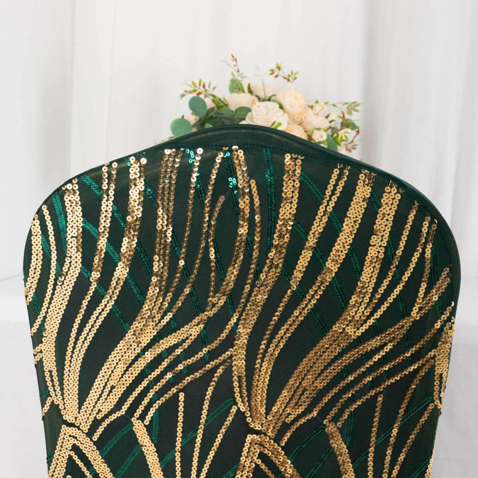 Spandex Chair Cover with Wave Embroidered Sequins for Banquet Chairs Hunter Emerald Green/Gold - Glittering Stretch Fitted Slipcover - Bell Racket Store
