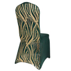 Spandex Chair Cover with Wave Embroidered Sequins for Banquet Chairs Hunter Emerald Green/Gold - Glittering Stretch Fitted Slipcover - Bell Racket Store