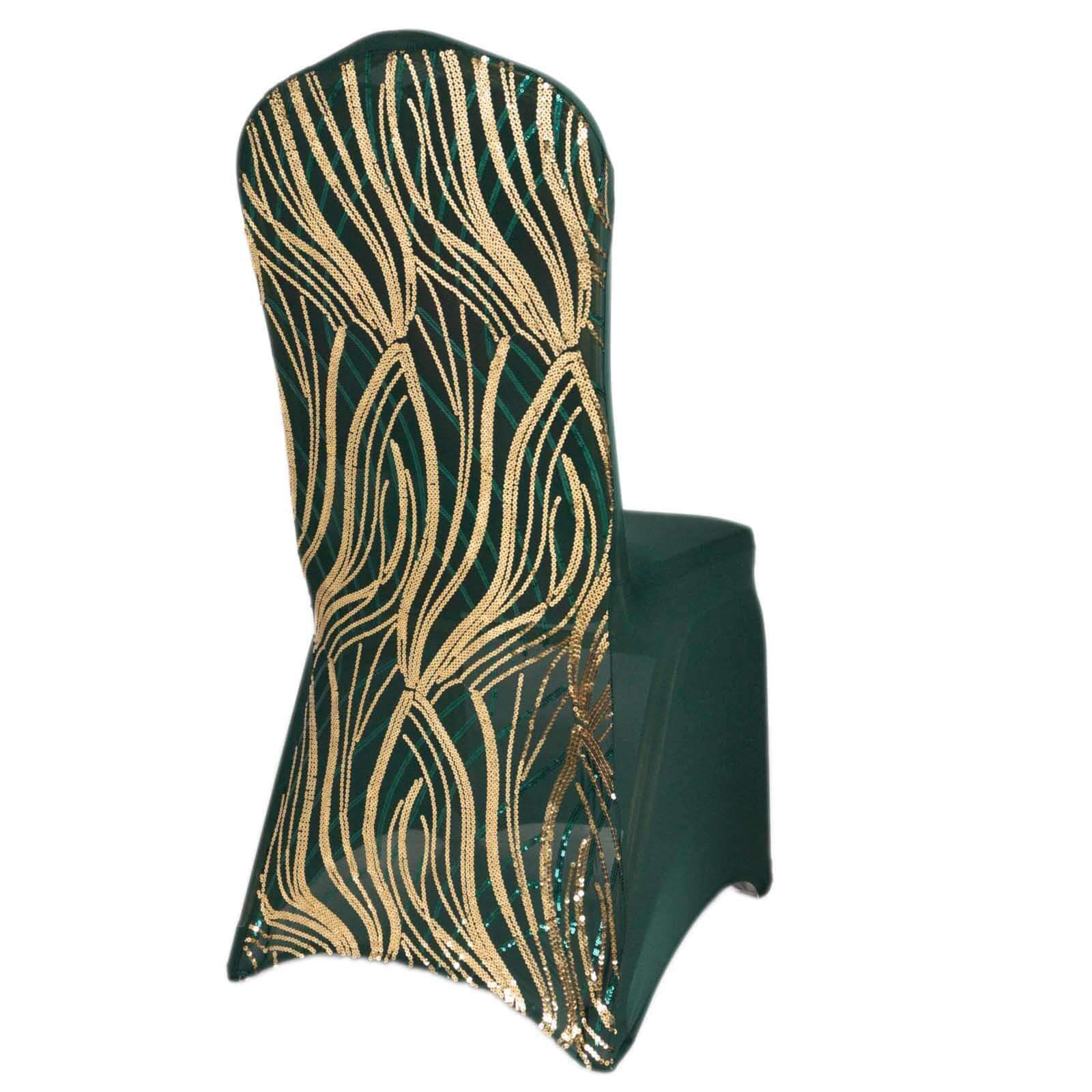 Spandex Chair Cover with Wave Embroidered Sequins for Banquet Chairs Hunter Emerald Green/Gold - Glittering Stretch Fitted Slipcover - Bell Racket Store