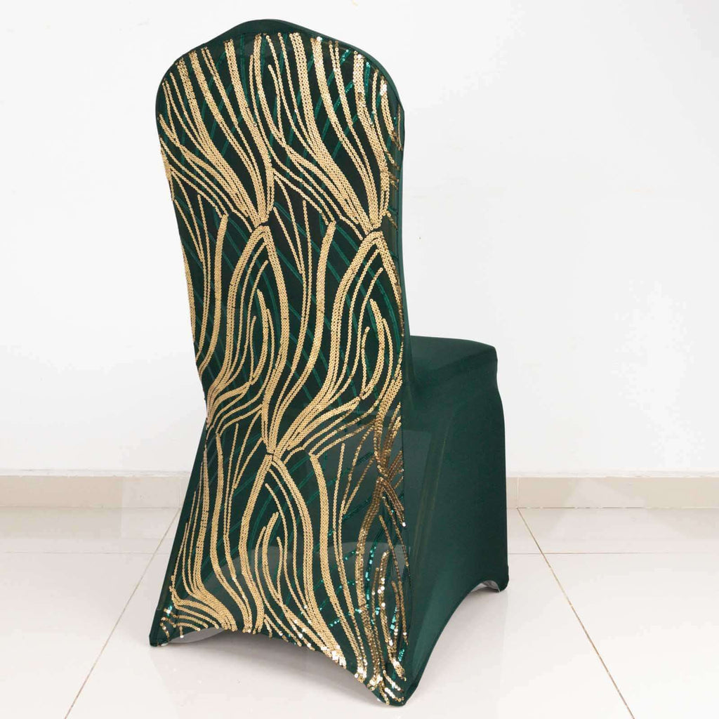 Spandex Chair Cover with Wave Embroidered Sequins for Banquet Chairs Hunter Emerald Green/Gold - Glittering Stretch Fitted Slipcover - Bell Racket Store