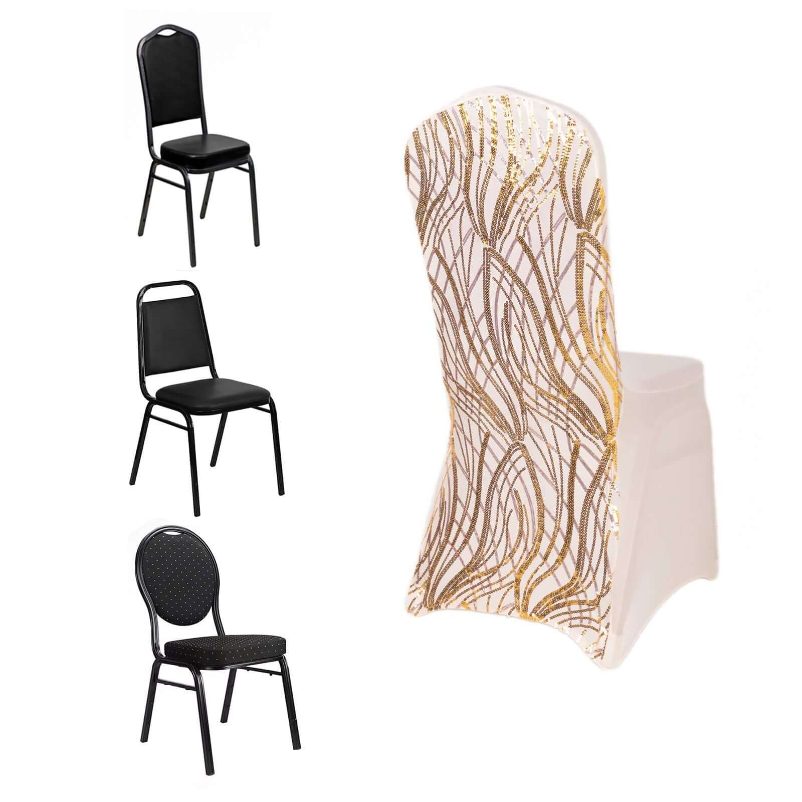 Spandex Chair Cover with Wave Embroidered Sequins for Banquet Chairs Rose Gold/Gold - Glittering Stretch Fitted Slipcover - Bell Racket Store