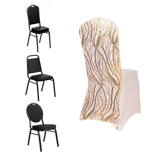 Spandex Chair Cover with Wave Embroidered Sequins for Banquet Chairs Rose Gold/Gold - Glittering Stretch Fitted Slipcover - Bell Racket Store