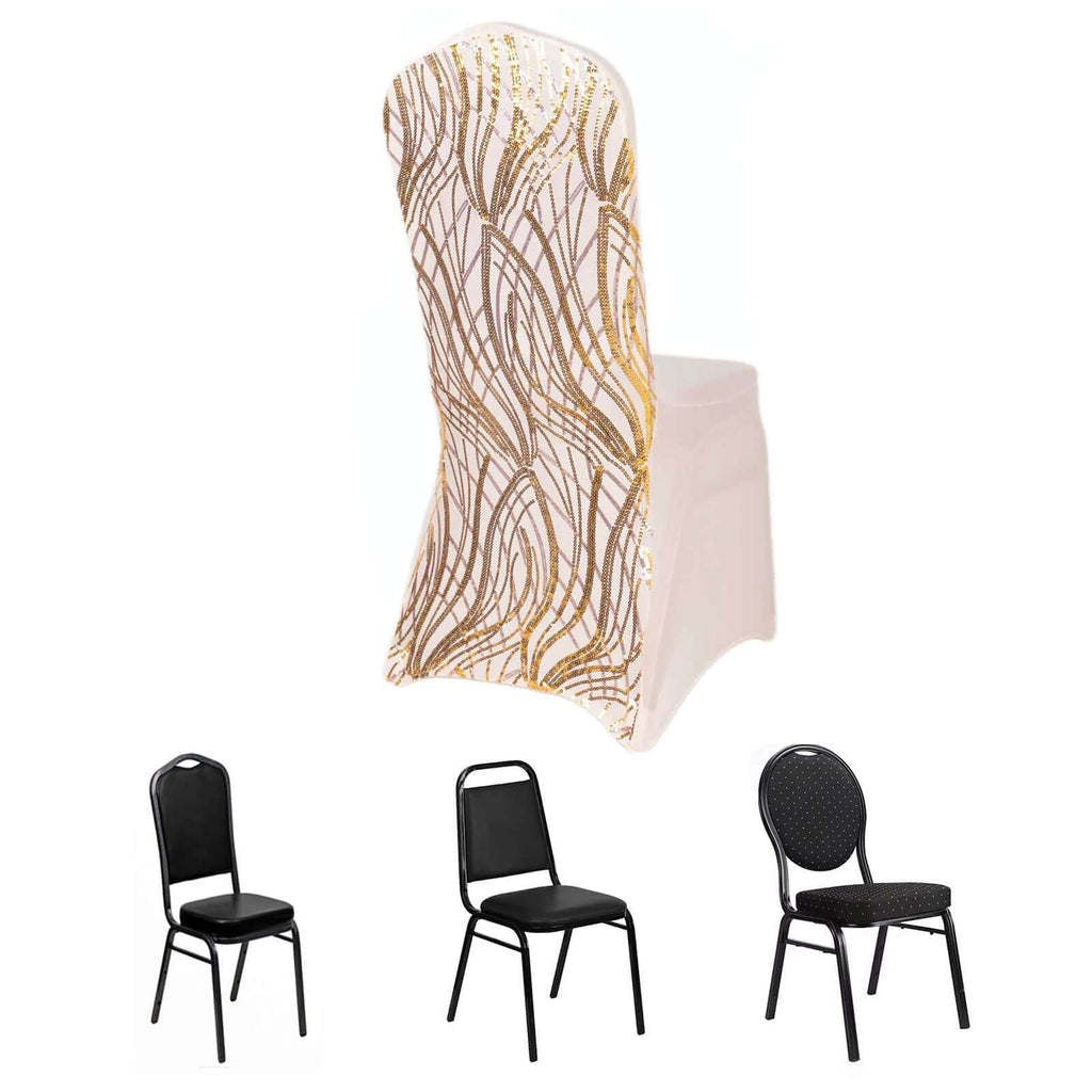 Spandex Chair Cover with Wave Embroidered Sequins for Banquet Chairs Rose Gold/Gold - Glittering Stretch Fitted Slipcover - Bell Racket Store