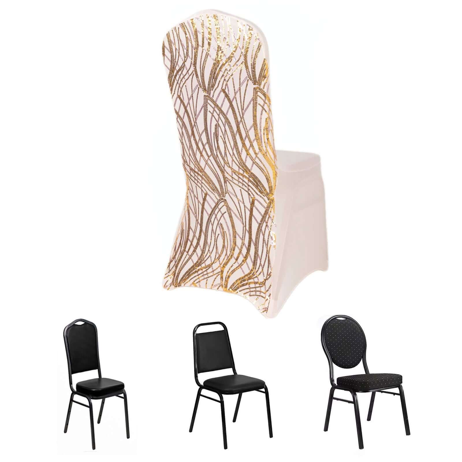 Spandex Chair Cover with Wave Embroidered Sequins for Banquet Chairs Rose Gold/Gold - Glittering Stretch Fitted Slipcover - Bell Racket Store