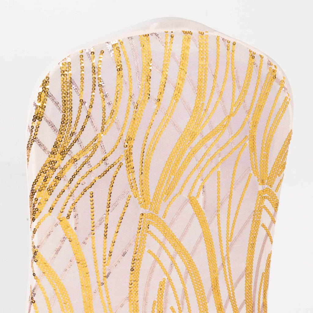 Spandex Chair Cover with Wave Embroidered Sequins for Banquet Chairs Rose Gold/Gold - Glittering Stretch Fitted Slipcover - Bell Racket Store