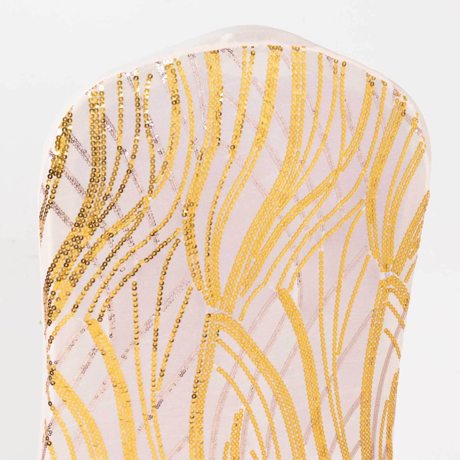 Spandex Chair Cover with Wave Embroidered Sequins for Banquet Chairs Rose Gold/Gold - Glittering Stretch Fitted Slipcover - Bell Racket Store