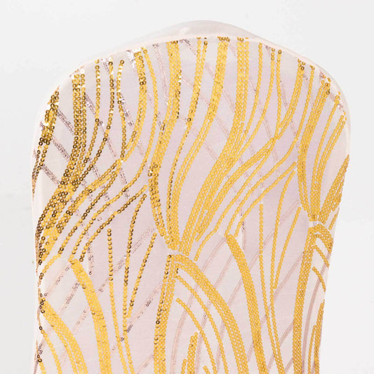 Spandex Chair Cover with Wave Embroidered Sequins for Banquet Chairs Rose Gold/Gold - Glittering Stretch Fitted Slipcover - Bell Racket Store