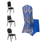 Spandex Chair Cover with Wave Embroidered Sequins for Banquet Chairs Royal Blue/Gold - Glittering Stretch Fitted Slipcover - Bell Racket Store