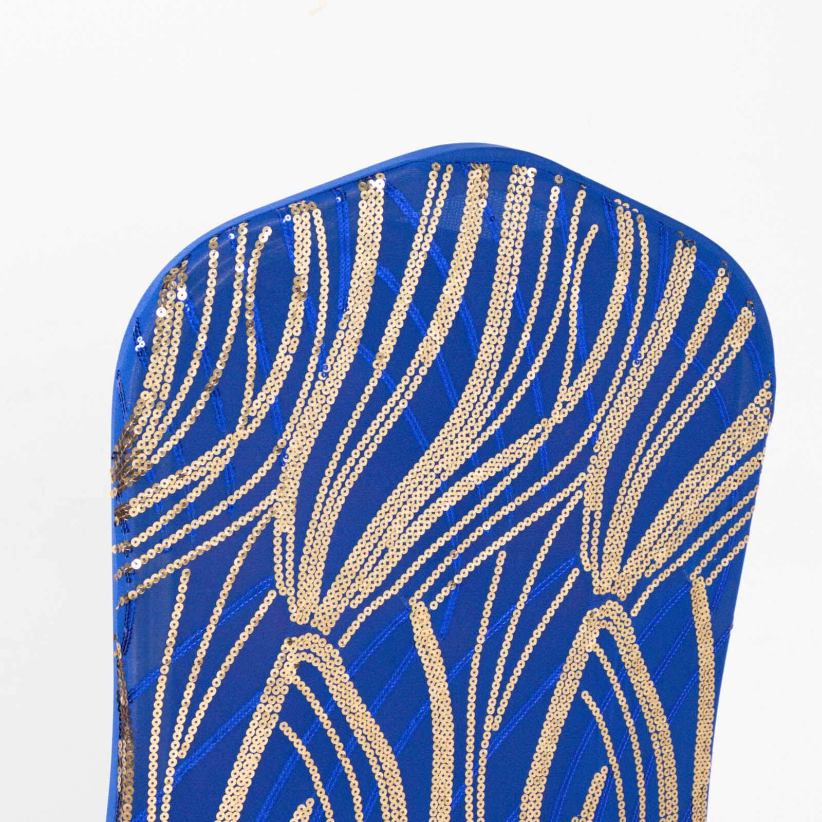 Spandex Chair Cover with Wave Embroidered Sequins for Banquet Chairs Royal Blue/Gold - Glittering Stretch Fitted Slipcover - Bell Racket Store