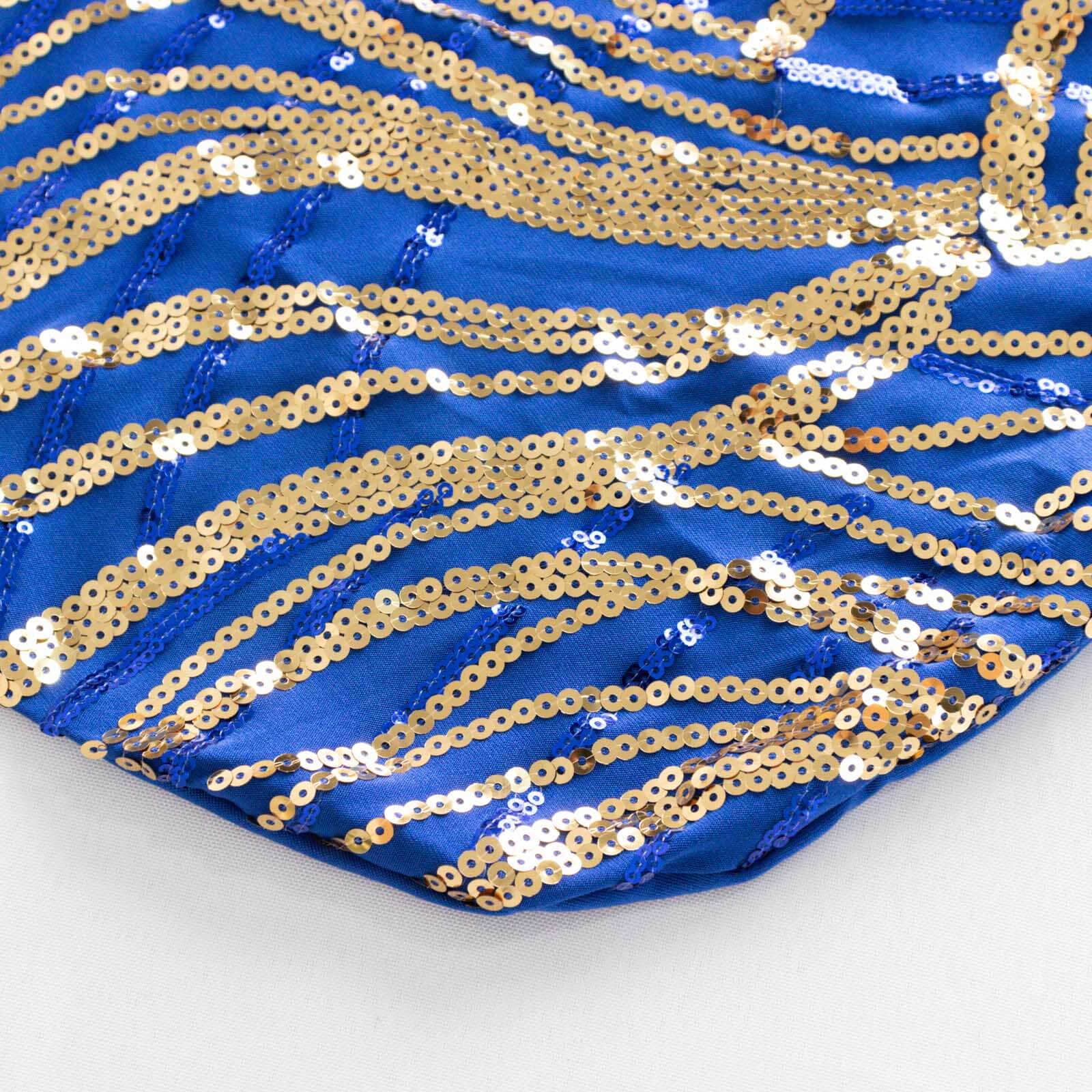 Spandex Chair Cover with Wave Embroidered Sequins for Banquet Chairs Royal Blue/Gold - Glittering Stretch Fitted Slipcover - Bell Racket Store