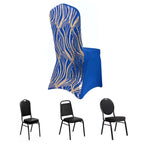 Spandex Chair Cover with Wave Embroidered Sequins for Banquet Chairs Royal Blue/Gold - Glittering Stretch Fitted Slipcover - Bell Racket Store